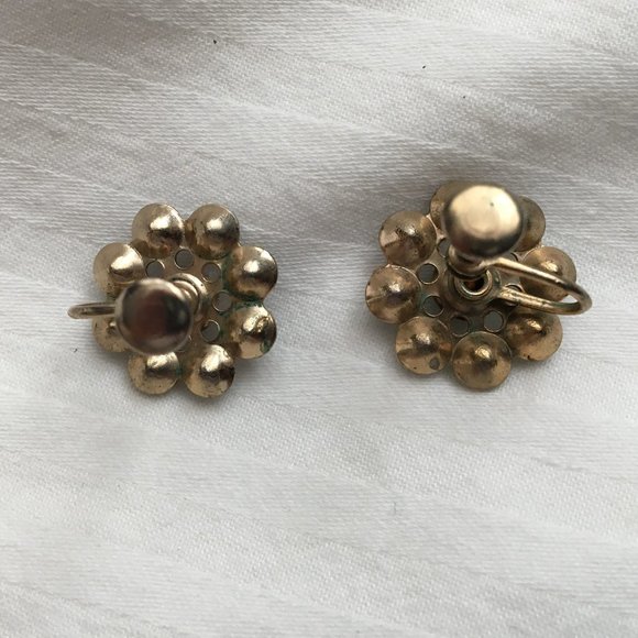 Vintage Blue Round Rhinestone Screw Back Earrings - Picture 2 of 3